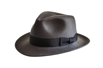 Classic gray fedora hat with black band, cut out - stock png.