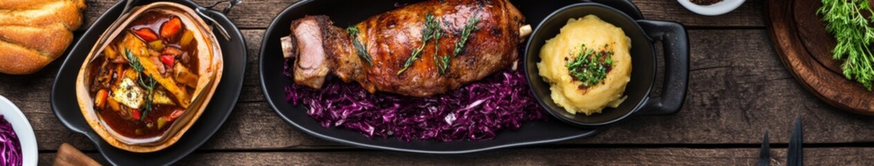 Authentic Bavarian Feast: Traditional Pork, Dumplings, and Red Cabbage Dish Perfect for Oktoberfest Celebrations,Product display, e-commerce advertising, e-commerce posters