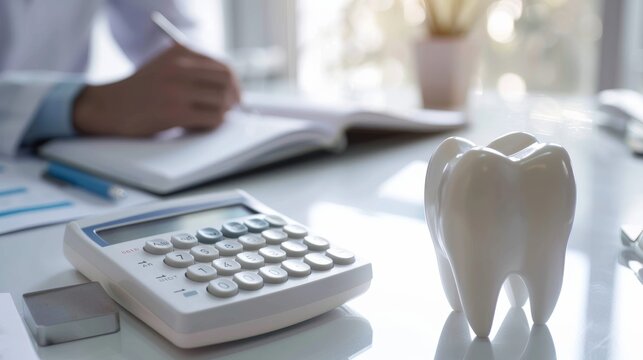 A dental office scene with a calculator and a tooth model on a desk, hinting at financial planning and healthcare management.
