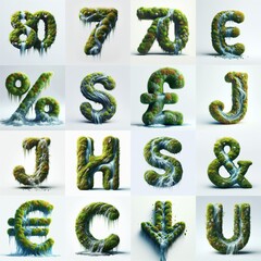 Naklejka premium Grass and moss and water Lettering Typeface. AI generated illustration