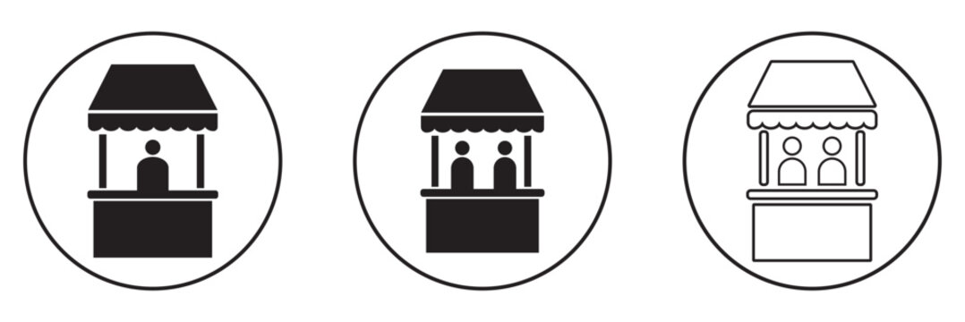 Sales booth icon set. promo information stall with man line sign. show ticket window counter vector symbol.