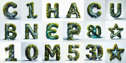 Naklejka premium Grass and moss and water Lettering Typeface. AI generated illustration