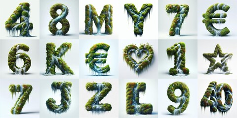 Grass and moss and water Lettering Typeface. AI generated illustration