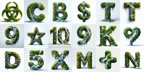 Naklejka premium Grass and moss and water Lettering Typeface. AI generated illustration