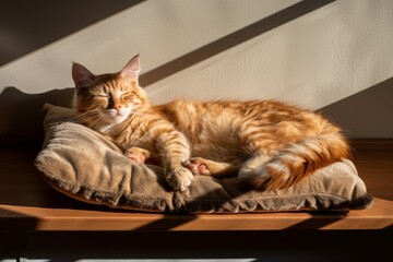 The cat sleeps sweetly. Beautiful cat sleeps and stretches. The cat sleeps nicely. Red cat sleeps with pleasure. Red cat close-up.. Beautiful simple AI generated image in 4K, unique.