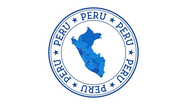 Peru intro. Badge with the circular name and map of country. Peru round logo animation.