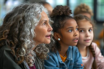 Obraz premium Mature woman educator teacher explains to girls, leads conversation about book