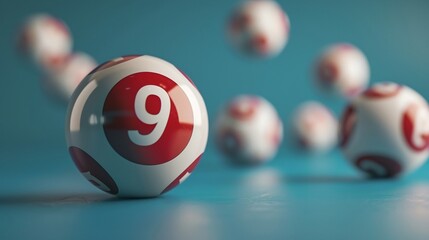 Lottery Balls in Red and White on a Blue Background, 3D Render with a Focus on Numbers and Gambling