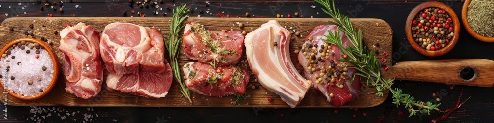 Canvas Prints Assorted pork cuts and seasonings on a wooden cutting board