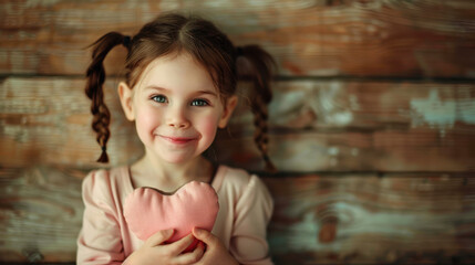 Fototapeta premium A photograph of a young girl holding a pink heart, smiling, pigtails, close-up view