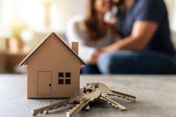 Close up of key and tiny toy house on table. Married couple buying a house