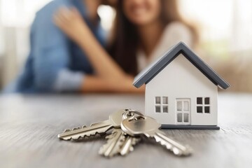 Happy Couple with New House Keys and Model Home