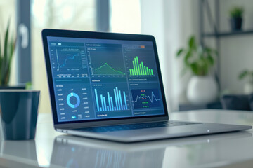 Data Analysis on Laptop with Digital Dashboard in Modern Workspace