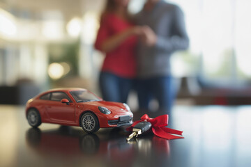 New car gift with red bow and couple in the background, Married couple buying a car