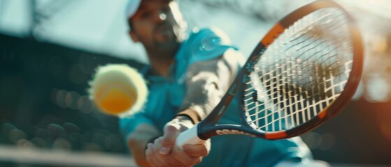 Close-up of a man playing tennis, hitting the ball with a racket, focusing on the action and details of the sportswear The background is blurred to emphasize the player's movement