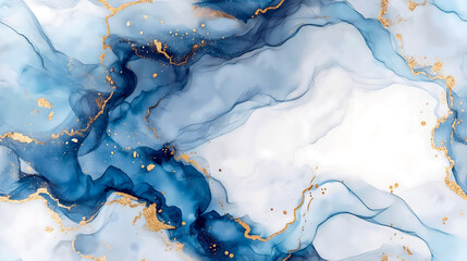 Abstract gold glitter and cobalt blue watercolor seamless pattern, alcohol ink texture. Generative ai