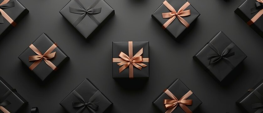 Black gift boxes arranged on dark background, black friday discounts concept