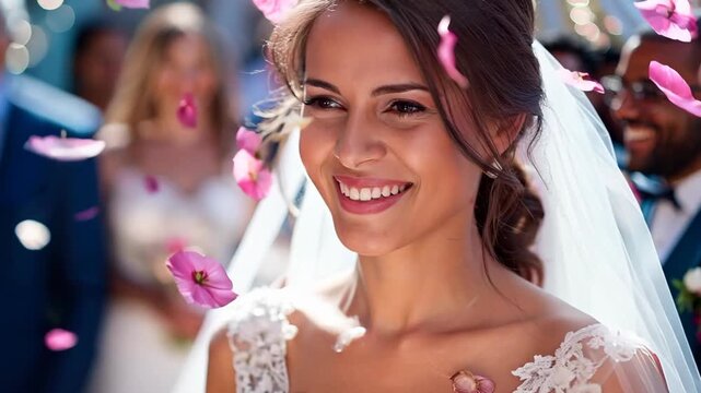 bride walking at wedding aisle with people throwing flower petals in the air