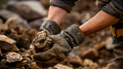A photograph of an archaeologist's hands holding ancient artifacts, gloves slightly worn, intimate close-up framing