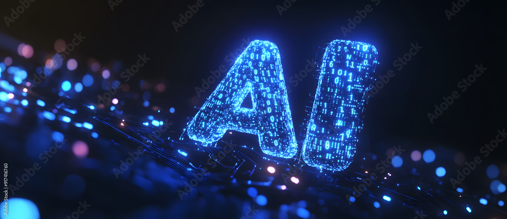 Poster digital blue matrix binary code forms the letters 'ai,' symbolizing the concept of artificial intell