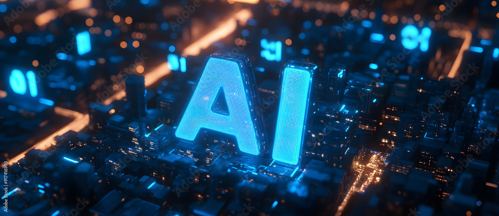 Poster digital blue matrix binary code forms the letters 'ai,' symbolizing the concept of artificial intell