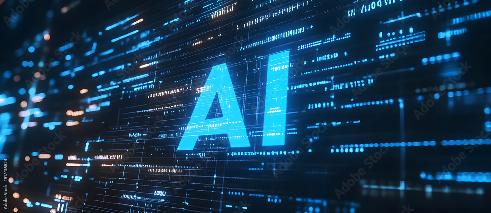 Poster digital blue matrix binary code forms the letters 'ai,' symbolizing the concept of artificial intell