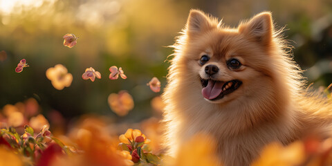 Obraz premium Smiling Pomeranian in Flower Garden