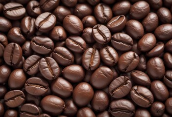 Obraz premium Close-up of roasted coffee beans, with their rich brown color and textured surfaces filling the frame