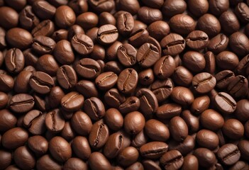 Obraz premium Close-up of roasted coffee beans, with their rich brown color and textured surfaces filling the frame