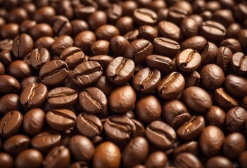 Close-up of roasted coffee beans, with their rich brown color and textured surfaces filling the frame