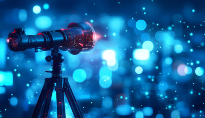 a digital blue telescope with glowing data streams symbolizes the utilization of artificial intelligence in astronomical observation and data interpretation design