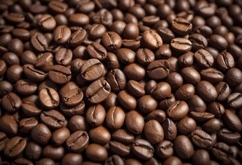 Obraz premium Close-up of roasted coffee beans, with their rich brown color and textured surfaces filling the frame
