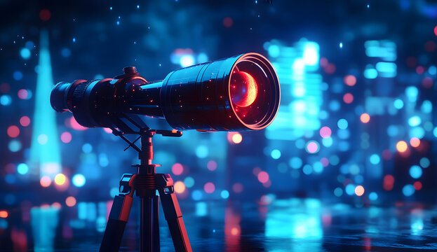 a digital blue telescope with glowing data streams symbolizes the utilization of artificial intelligence in astronomical observation and data interpretation design