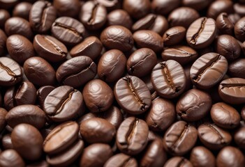 Obraz premium Close-up of roasted coffee beans, with their rich brown color and textured surfaces filling the frame