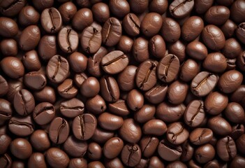 Obraz premium Close-up of roasted coffee beans, with their rich brown color and textured surfaces filling the frame