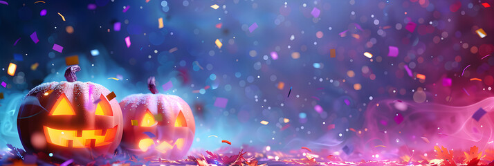 Halloween pumpkins on a beautiful pink and purple background with confetti and shiny bokeh, banner