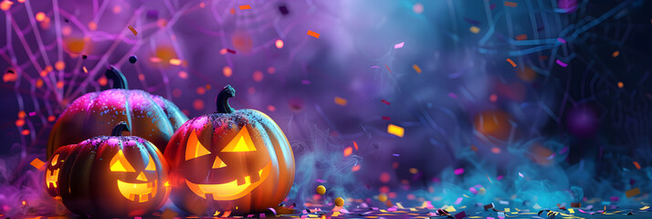 Halloween pumpkins on a beautiful pink and purple background with confetti and shiny bokeh, banner
