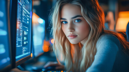 A woman IT specialist works at a monitor in the office