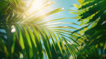 Obraz premium A photograph of tropical palm leaves with sunlight shining through, clear blue sky, taken from a low angle, vibrant and dynamic, emphasizing leaf textures and sunlight patterns