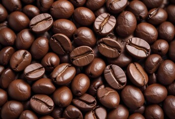 Fototapeta premium Close-up of roasted coffee beans, with their rich brown color and textured surfaces filling the frame