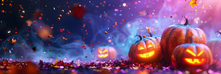 Halloween pumpkins on a beautiful pink and purple background with confetti and shiny bokeh, banner