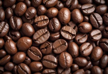 Obraz premium Close-up of roasted coffee beans, with their rich brown color and textured surfaces filling the frame