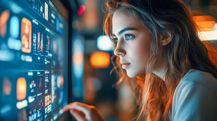 A woman IT specialist works at a monitor in the office