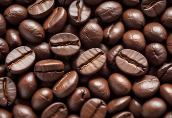 Fototapeta premium Close-up of roasted coffee beans, with their rich brown color and textured surfaces filling the frame