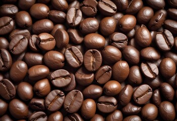 Obraz premium Close-up of roasted coffee beans, with their rich brown color and textured surfaces filling the frame
