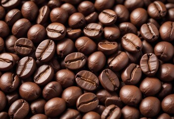Obraz premium Close-up of roasted coffee beans, with their rich brown color and textured surfaces filling the frame