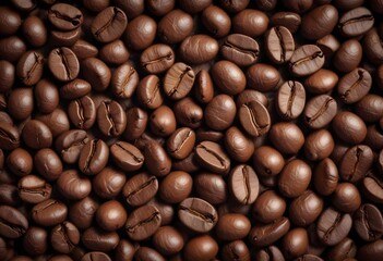 Fototapeta premium Close-up of roasted coffee beans, with their rich brown color and textured surfaces filling the frame