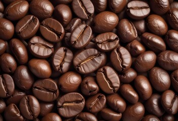 Obraz premium Close-up of roasted coffee beans, with their rich brown color and textured surfaces filling the frame
