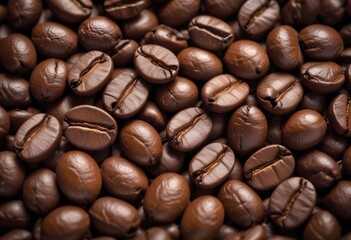 Obraz premium Close-up of roasted coffee beans, with their rich brown color and textured surfaces filling the frame