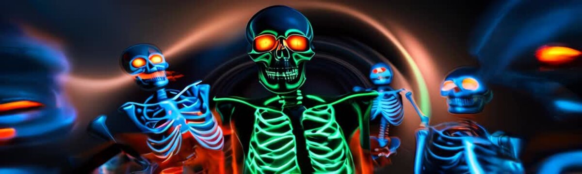 neon animation of skeletons Halloween background. The skeletons' eyes and bones radiate in shades of orange, pink, and blue. Halloween web site banner